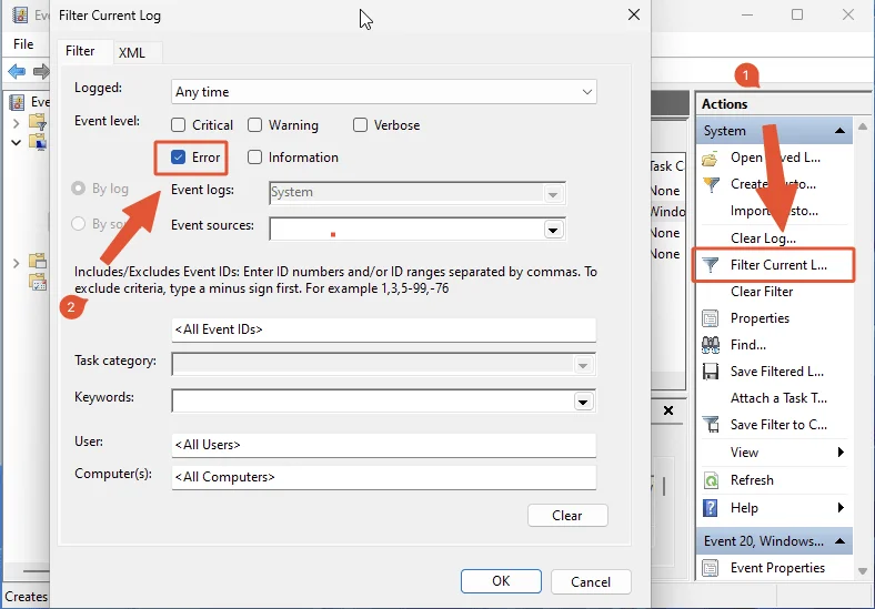 Filtrer erreur plantage event viewer windows