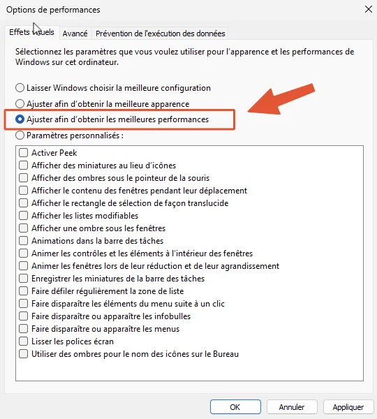 Ajuster apparences windows meilleur performance