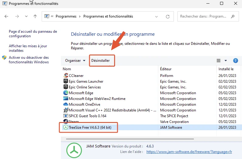 Desinstaller programme windows
