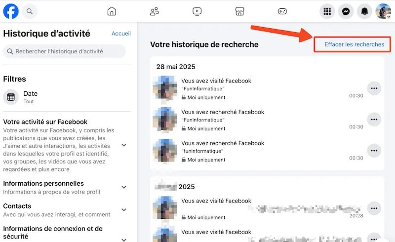 Effacer recherches facebook