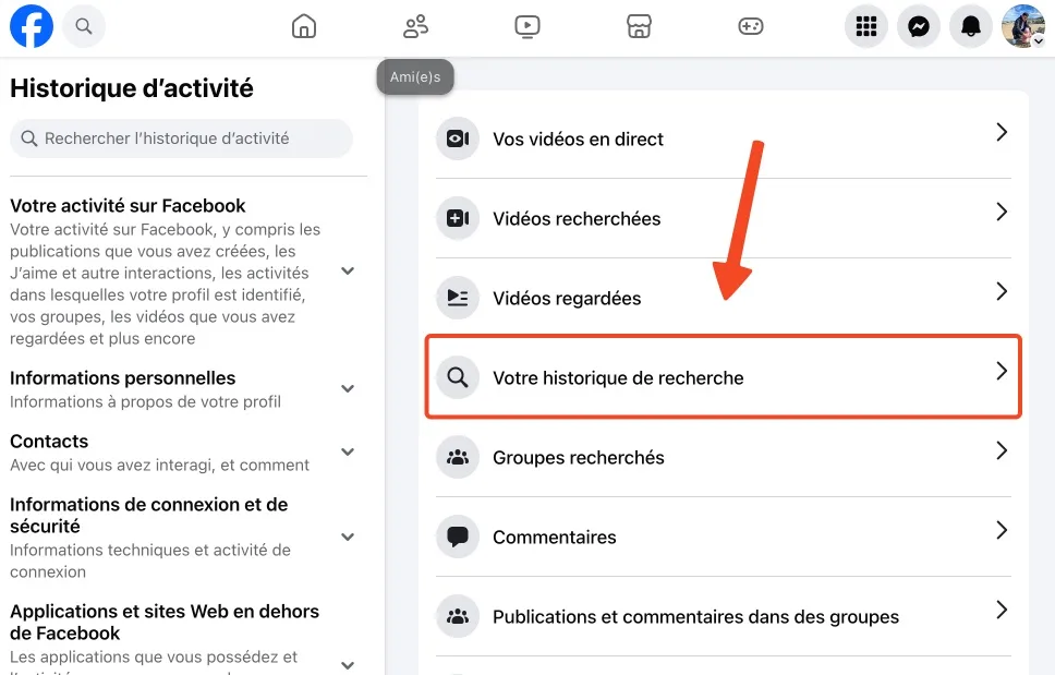 Historique de recherche facebook