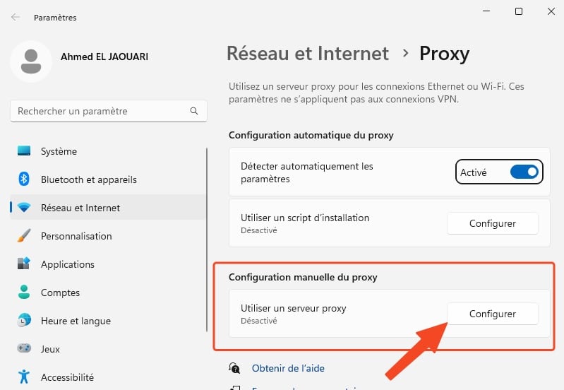 Fenêtre Paramètres pour la configuration du proxy sous Windows