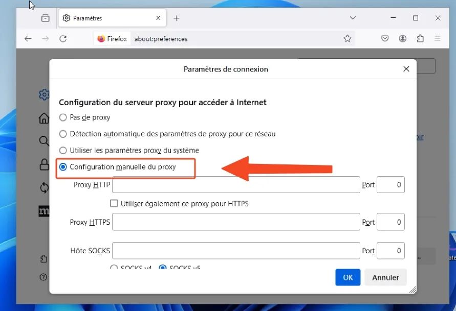La fenêtre des paramètres de Firefox sous Windows présente les options de configuration du serveur proxy, mises en évidence par une flèche rouge. Cette fonctionnalité permet aux utilisateurs d'optimiser efficacement leurs connexions, garantissant une navigation transparente.