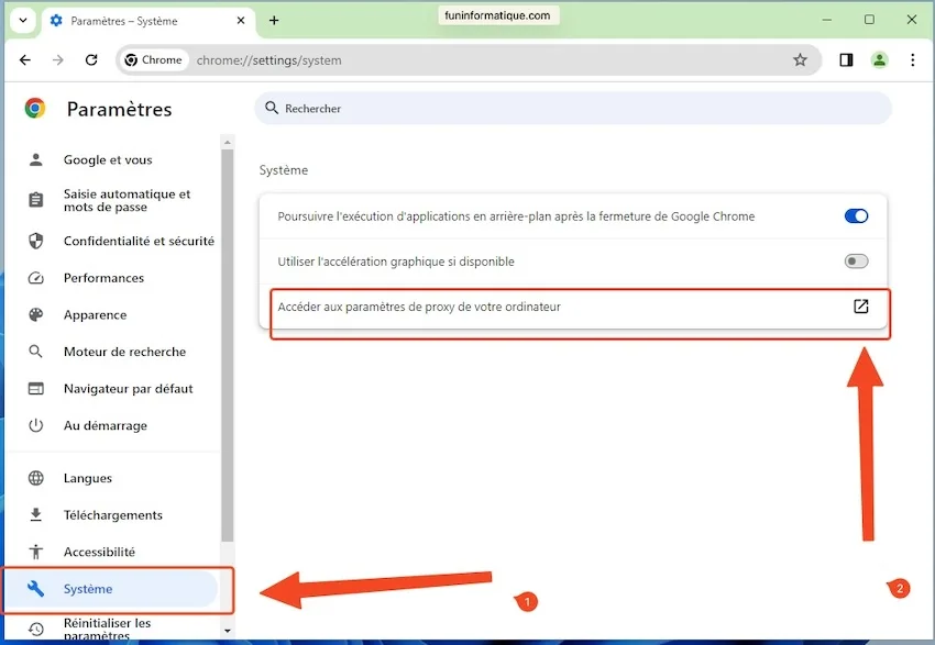 Page de paramètres de Chrome ouverte aux options système 