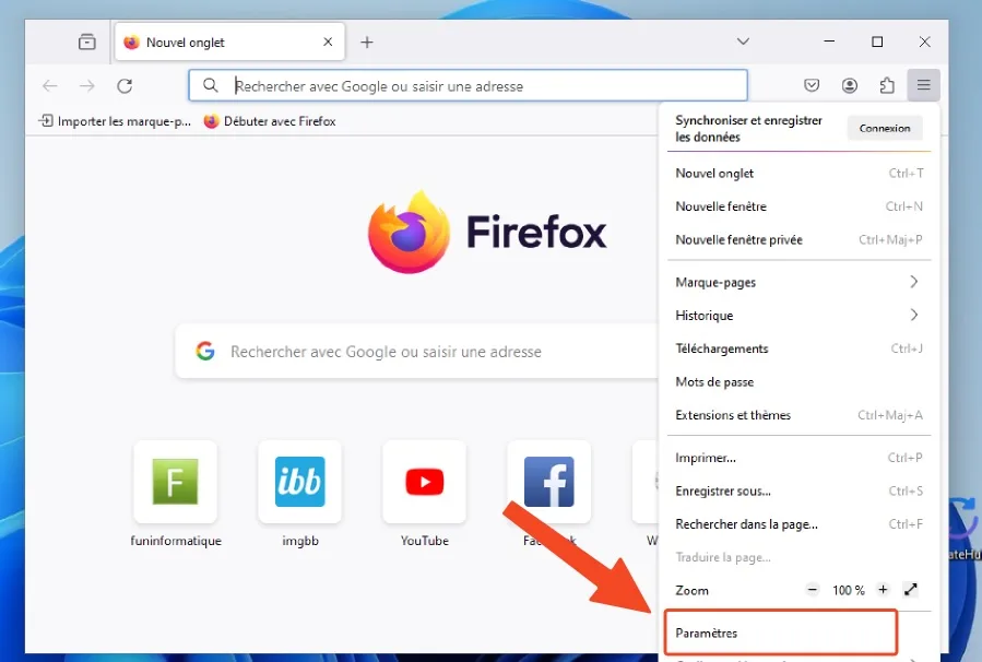 Une capture d'écran du navigateur Firefox avec l'option de paramètres mise en évidence dans le menu déroulant, montrant comment utiliser efficacement un proxy.