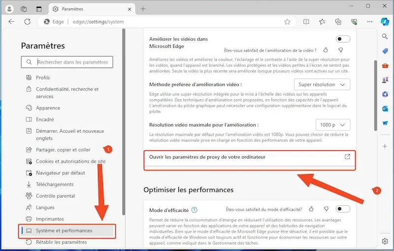 Navigateur Microsoft Edge affichant les paramètres système et de performance 