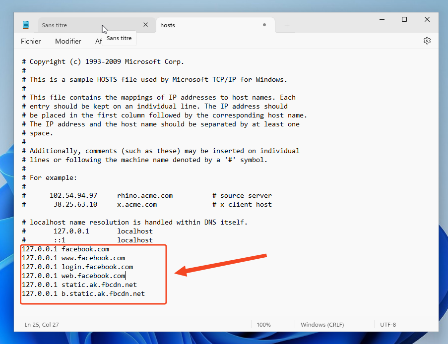 Contenu du fichier hosts Windows 11