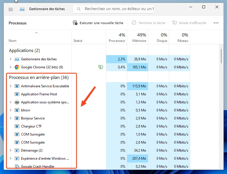 Liste des procesus windows 11
