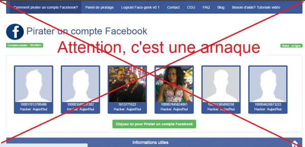 Exemple d’un site frauduleux promettant de hacker Facebook