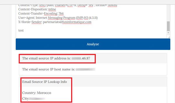Capture d'écran : Outil d'analyse de l'adresse IP des emails 