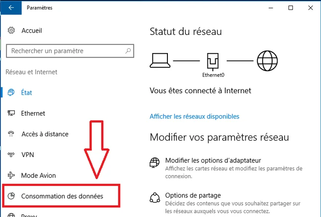 Consommation donnes windows 10