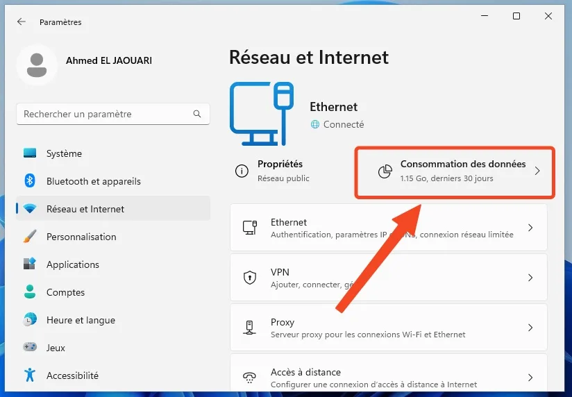 Details consommation donnees windows