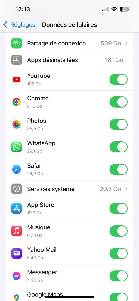 Capture d'écran montrant la consommation internet de chaque application sur iPhone