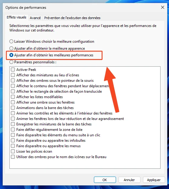 Ajuster afin obtenir meilleures perfromance windows