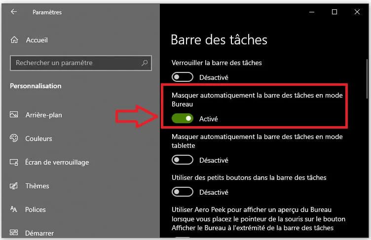 Masquer barre tache windows 10