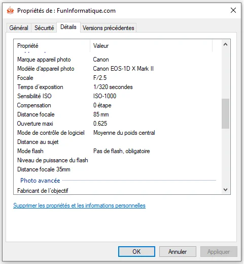 Lire donnees EXIF windows