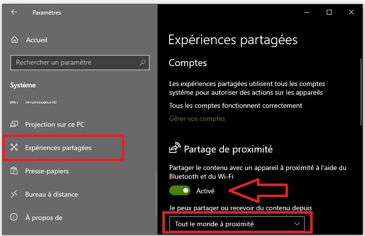 Partage de proximite windows 10