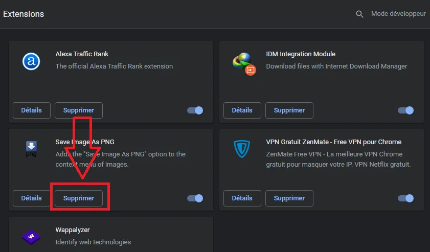 Supprimer extention chrome