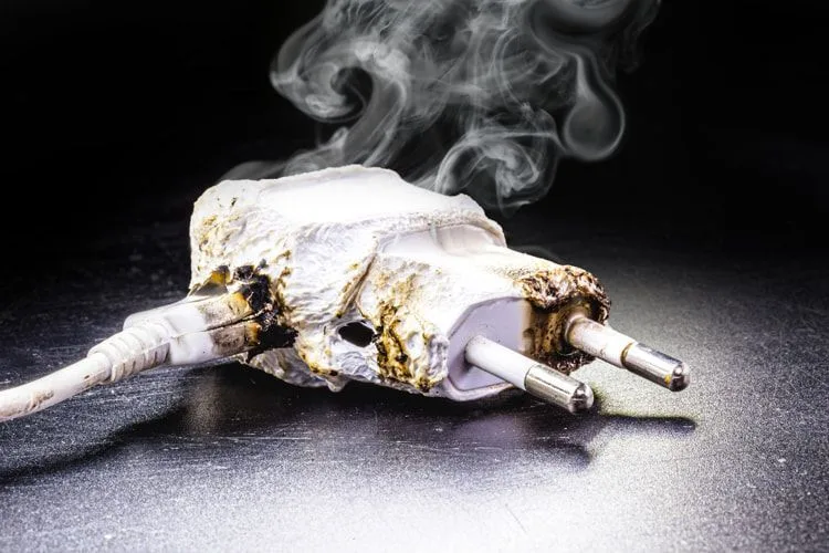 Broken smartphone charger charred after short circuit