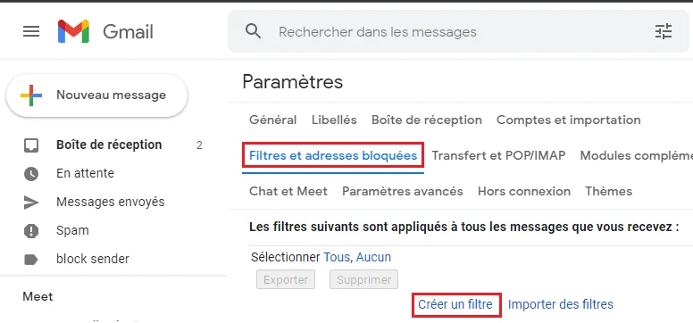 Creer filtre gmail