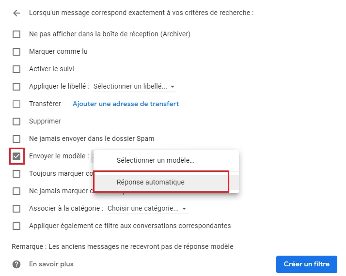 Envoyer modele filtre reponse automatique gmail