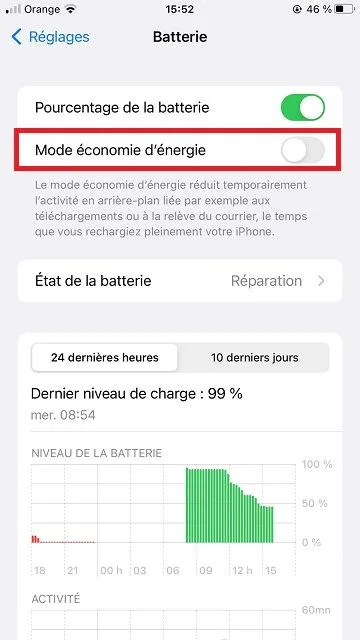 Mode economie batterie iphone
