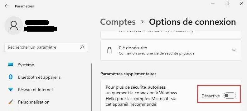 Comptes options connexions window11 parametres suplementaire