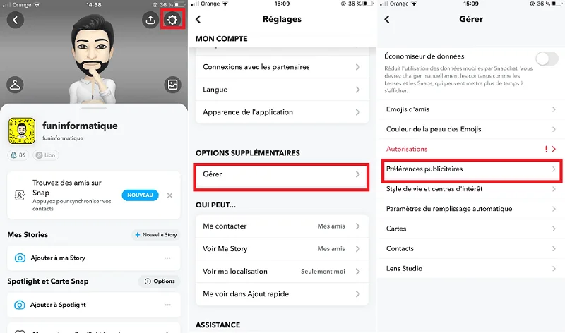 Gerer snapchat preferences publiciaires 1