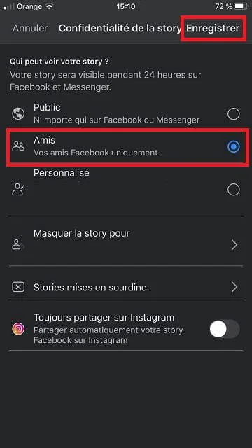 Confidentialite story facebook