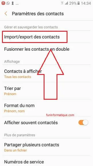 Parametres contact android