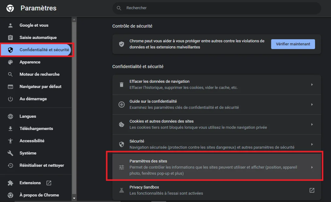 Confidentialite et securite chrome