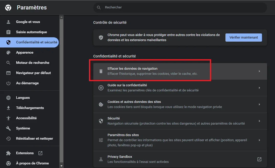 Effacer les donnees de navigation