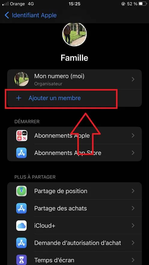 Ajouter membre famille iphone