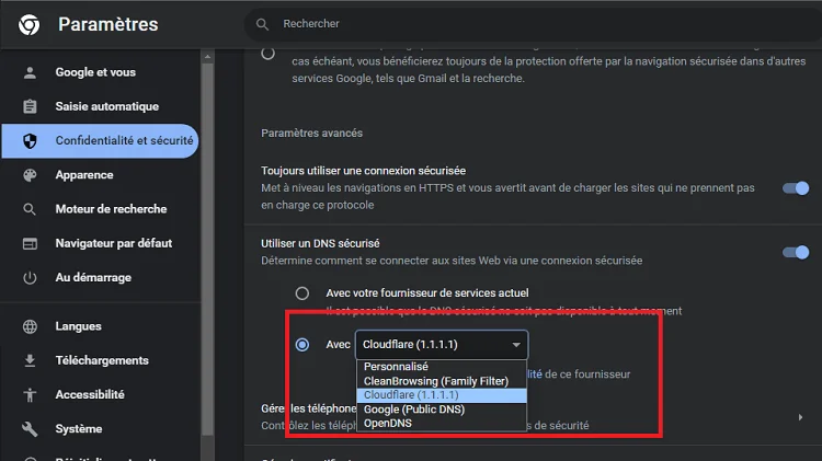 Changement dns chrome