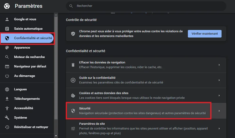 Confidentialite securite chrome