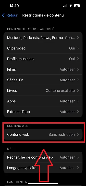 Contenu web iphone restrictions