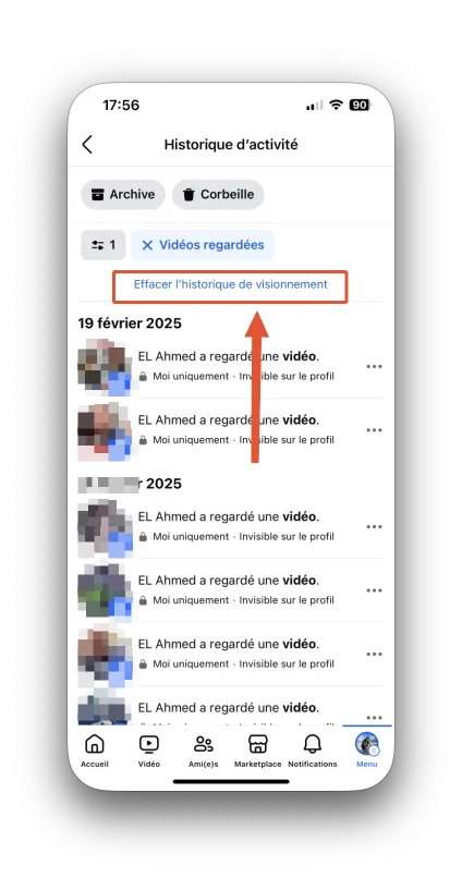 Effacer historique video facebook