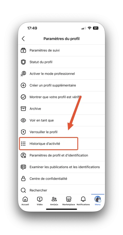 Historique activite facebook
