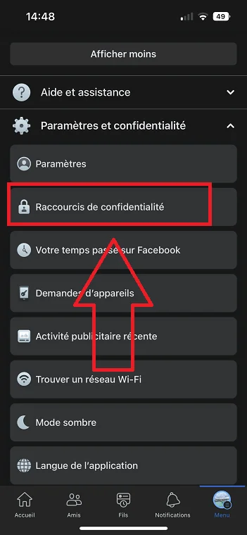 Raccourcis confidentialite facebook