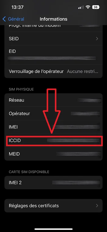 ICCID numero carte sim iphone