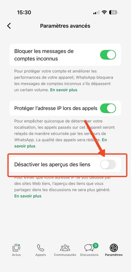 Apercus liens whatsapp
