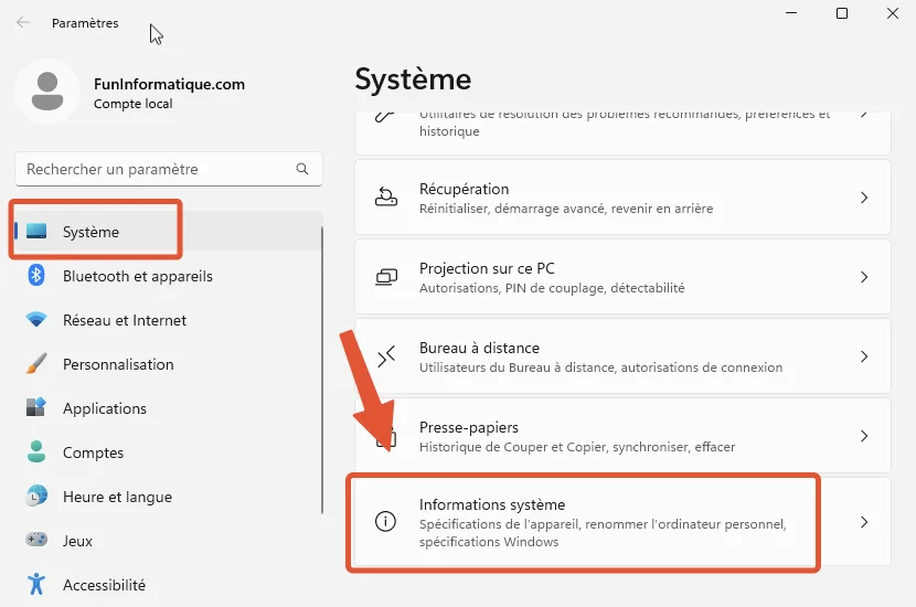 Informations systeme windows11