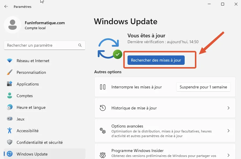 Rechercher mise jpur windows 11