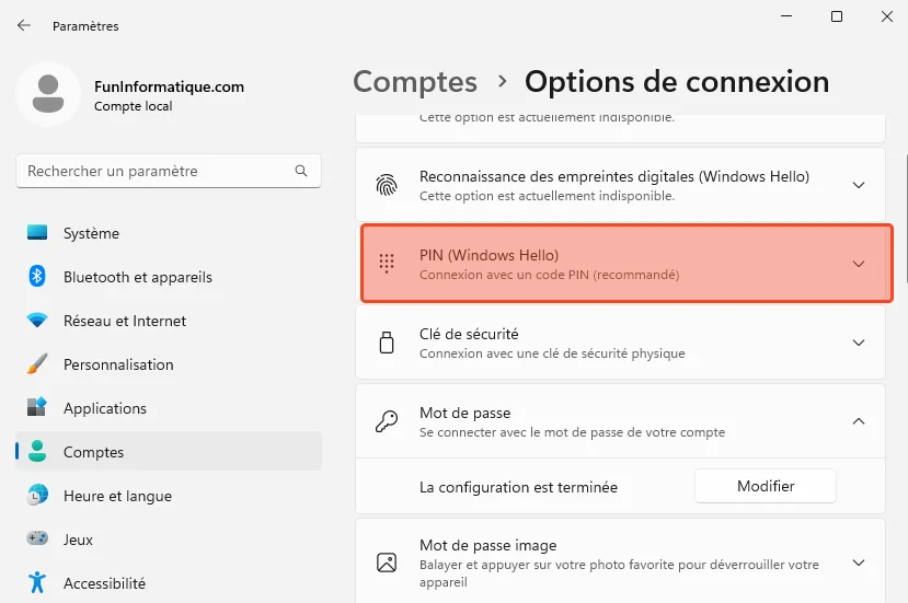 Code pin compte windows 11