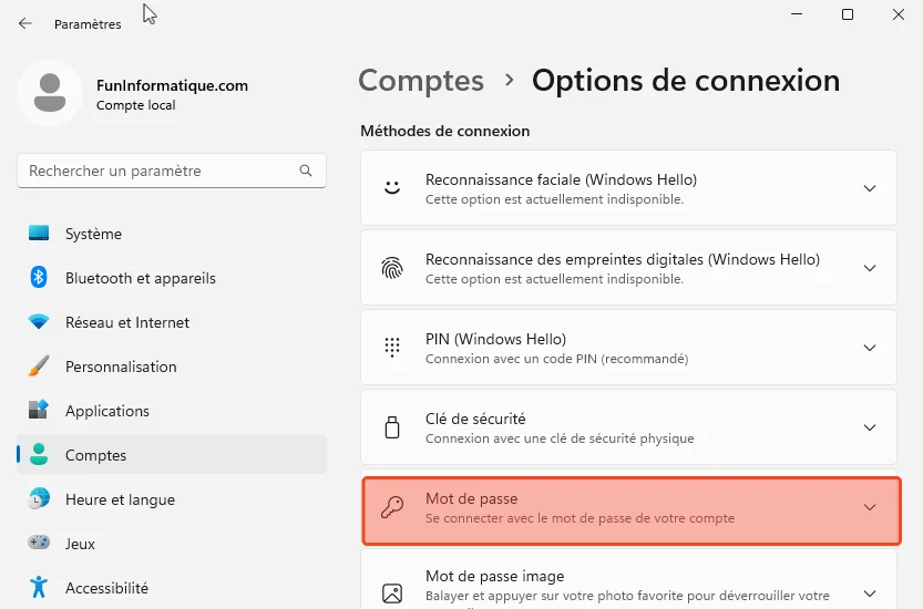 Mots de passe windows 11