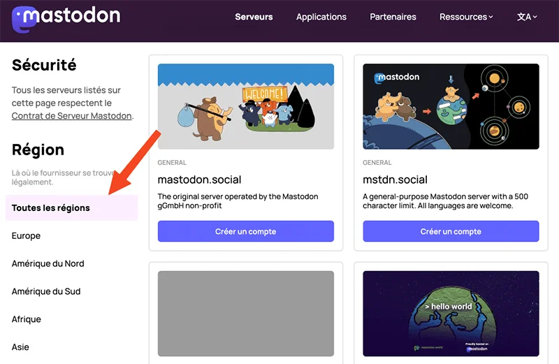 Filtre region inscription mastodon