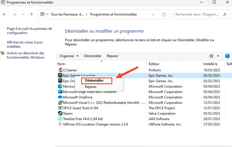 Desinstaller programme windows11