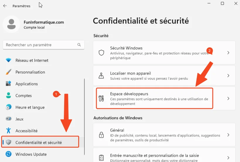 Espace developpeur windows 11