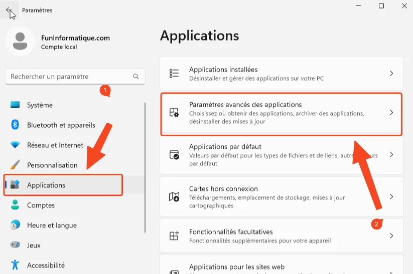 Parametres avances des applications