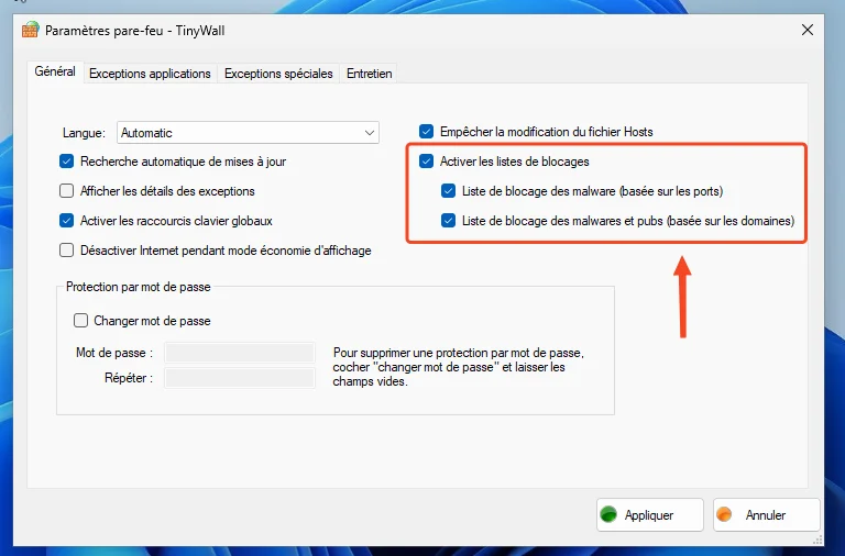 Gerer parfeu tinywall